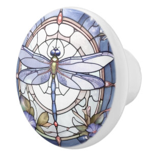 Dragonfly Blue and White Stained Glass Flower Ceramic Knob