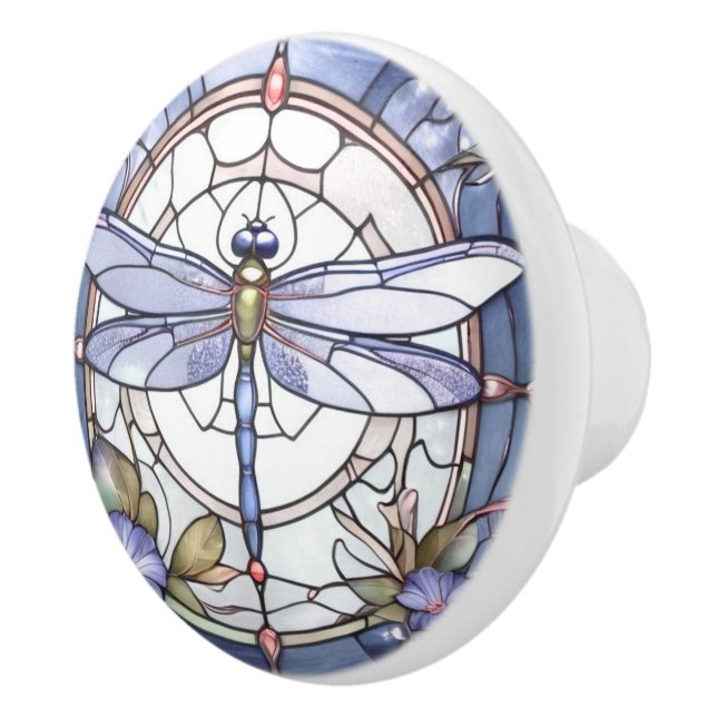 Dragonfly Blue and White Stained Glass Flower Ceramic Knob (Right)