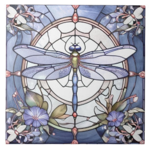 Dragonfly Blue and White Stained Glass Flower Ceramic Tile