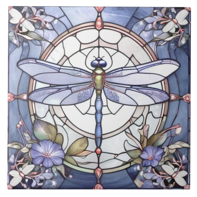 Dragonfly Blue and White Stained Glass Flower Ceramic Tile (Front)