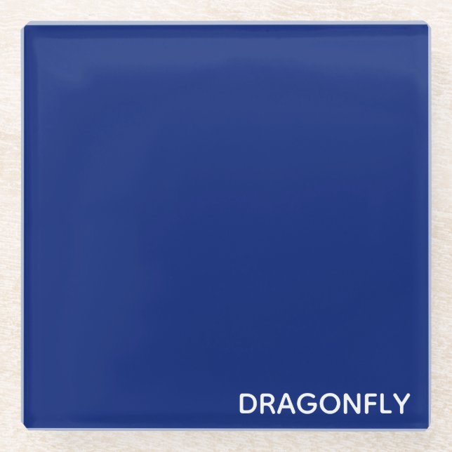 Dragonfly blue color name glass coaster (Front)