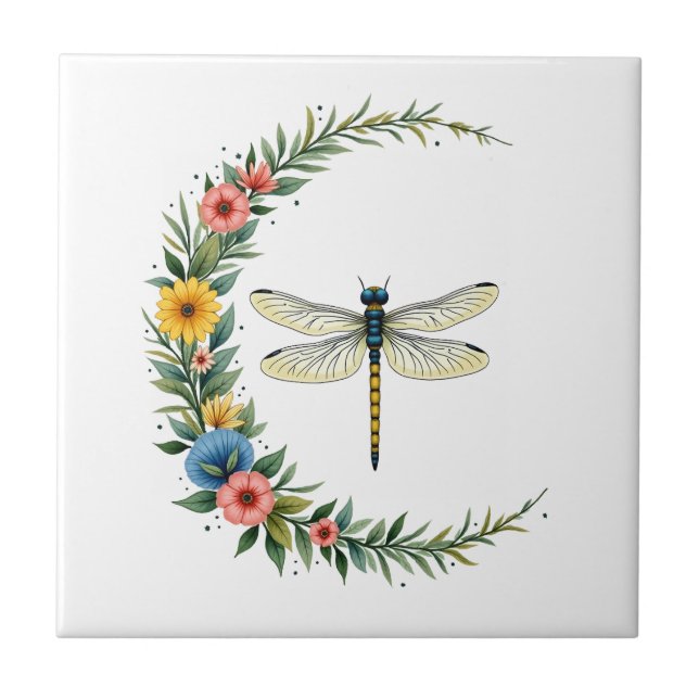 Dragonfly Boho Crescent Moon Peace Sign Hippie Dra Ceramic Tile (Front)