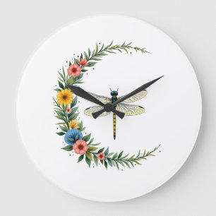 Dragonfly Boho Crescent Moon Peace Sign Hippie Dra Large Clock