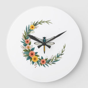 Dragonfly Boho Crescent Moon Peace Sign Hippie Dra Large Clock