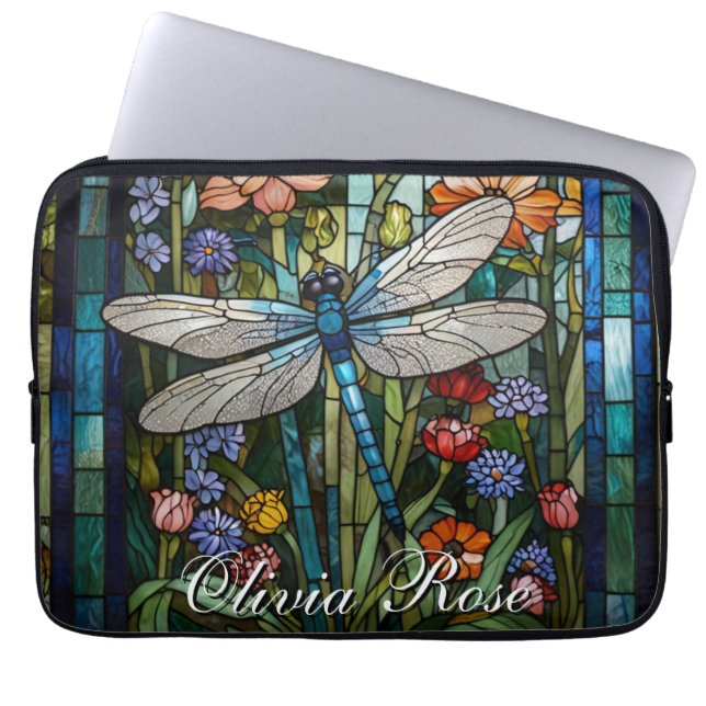 Dragonfly boho floral botanical stain glass laptop sleeve (Front)