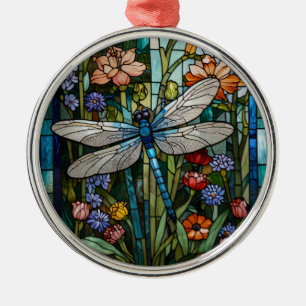 Dragonfly boho floral botanical stain glass metal ornament