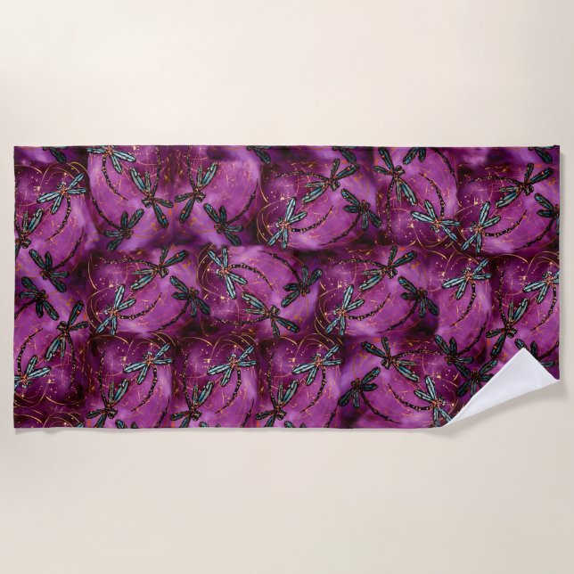 Dragonfly Burgundy Flit Beach Towel (Front)