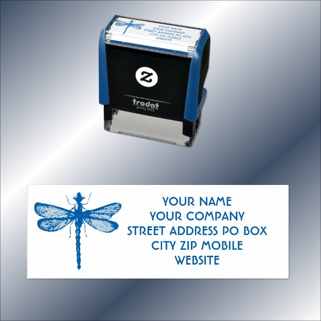 Dragonfly  Business or  Personal Address Self-inking Stamp (Blue ink is used here, but any other preferred color will still stand out beautifully.)