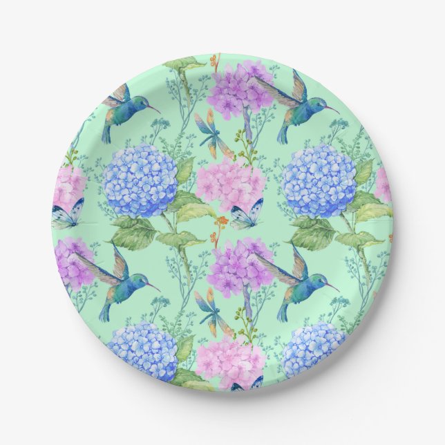 Dragonfly Butterfly Hummingbird Floral Paper Plate (Front)