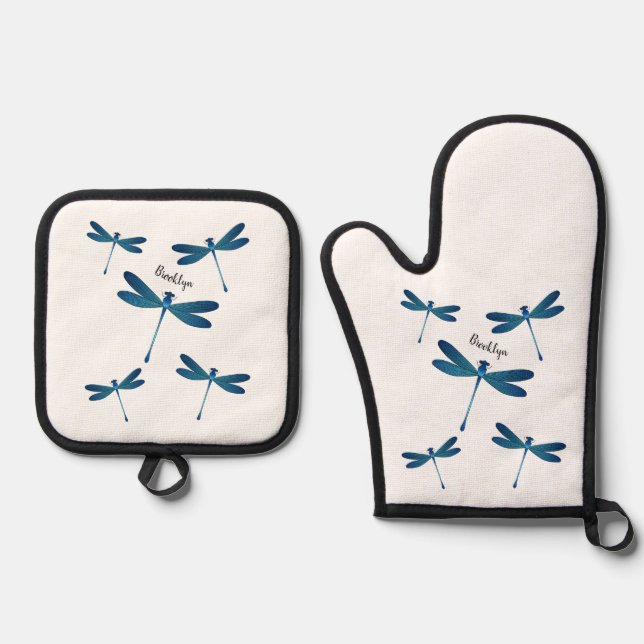 Dragonfly cartoon illustration oven mitt & pot holder set (Front)