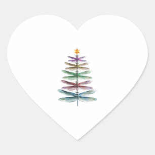 Dragonfly Christmas Tree Merry Christmas Watercolo Heart Sticker