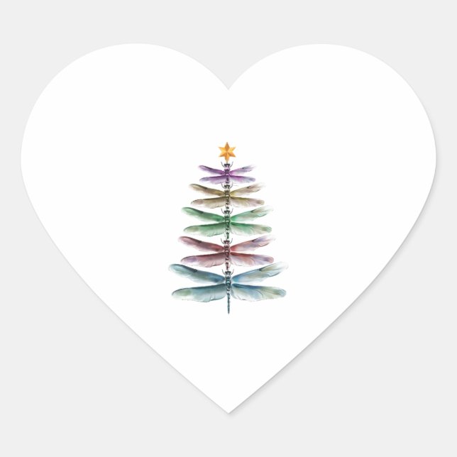 Dragonfly Christmas Tree Merry Christmas Watercolo Heart Sticker (Front)