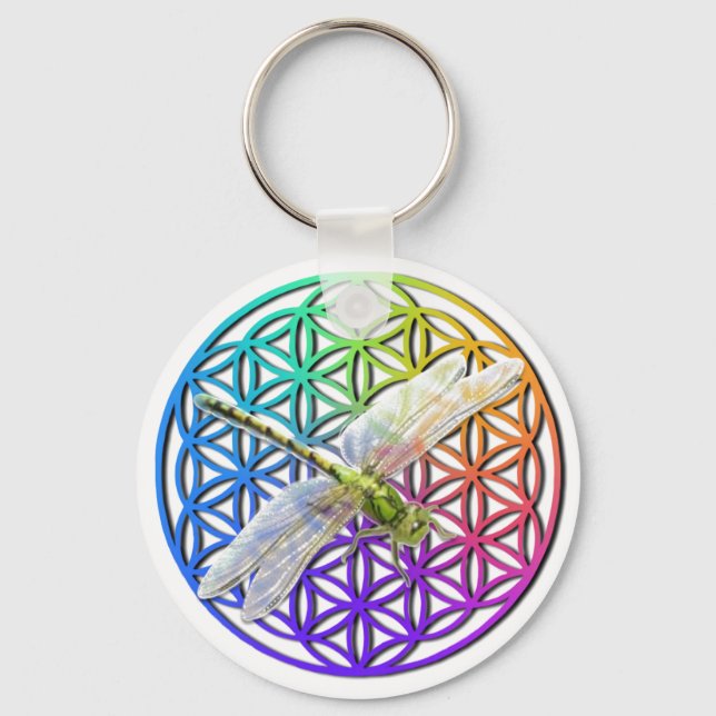 Dragonfly | colorful flower of life | chakra     key ring (Front)