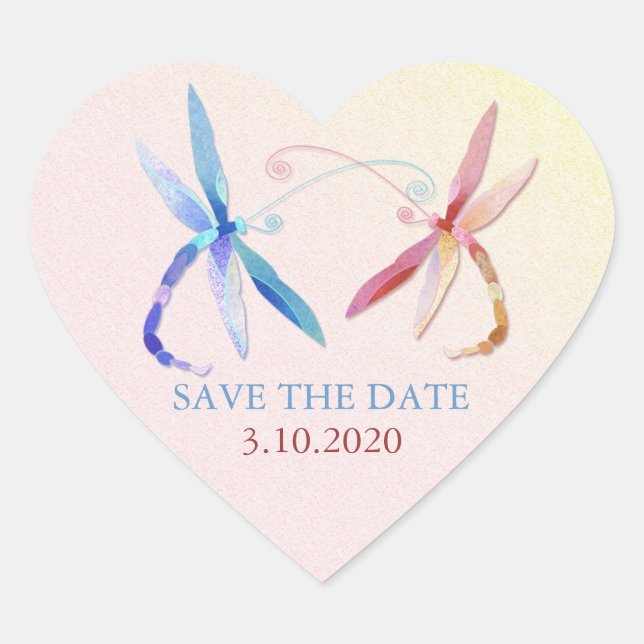 Dragonfly Couple Wedding Save The Date Heart Sticker (Front)