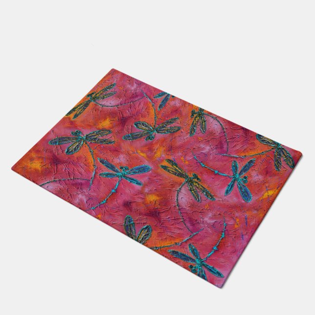 Dragonfly Dance Hot Fuchsia Door Mat (Angled)