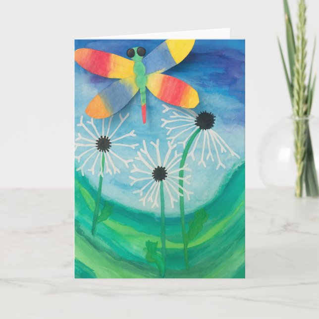 Dragonfly & Dandelion Watercolor Blank Card   (Front)