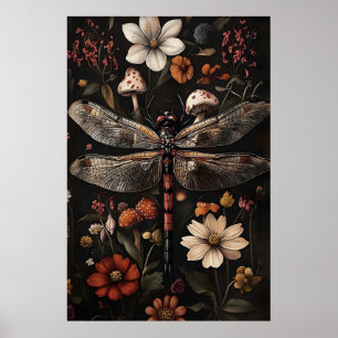 Dragonfly Dark Academia Print, Moody Floral Garden Poster