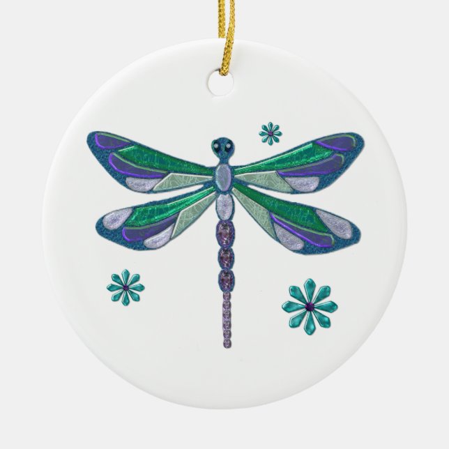 Dragonfly Elegant Jewelled  Folk Art Ceramic Tree Decoration (Front)