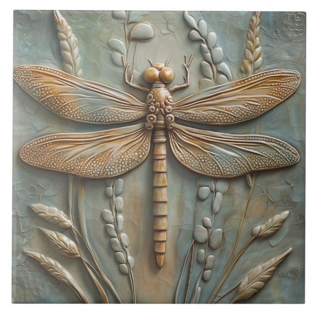 Dragonfly Field of Foliage Faux Relief  Ceramic Tile (Front)
