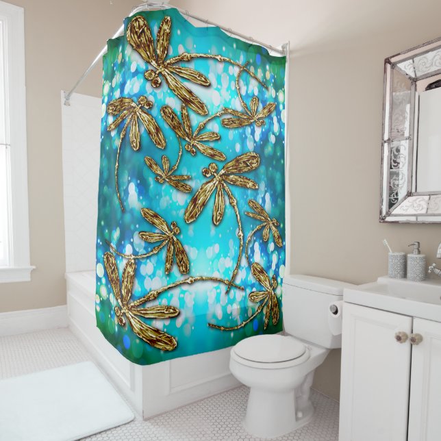 Dragonfly Flit Bubbles Shower Curtain (In Situ)