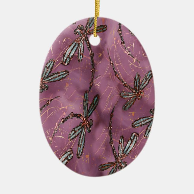 Dragonfly Flit Dusky Rose Ceramic Ornament (Front)