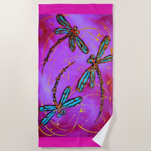 Dragonfly Flit Electric Pink Beach Towel (Front)