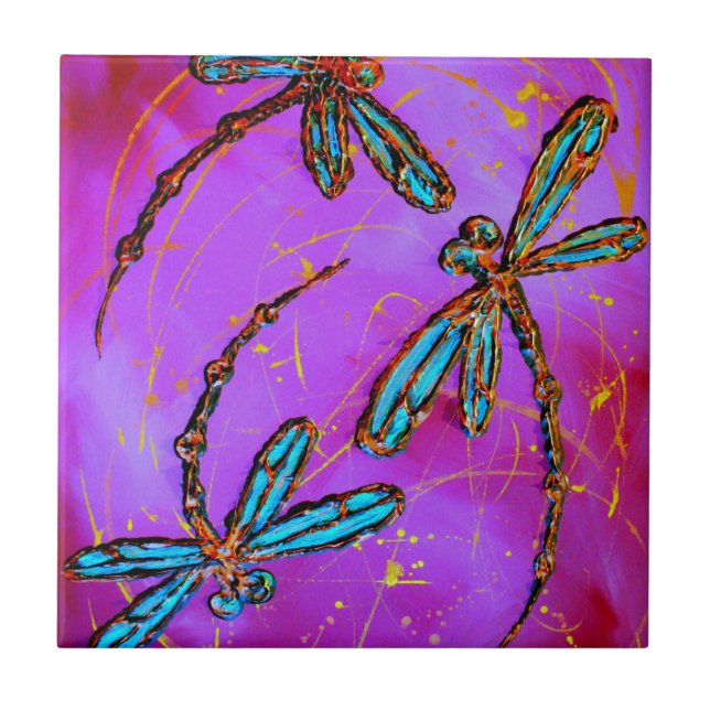 Dragonfly Flit Electric Pink Ceramic Tile (Front)