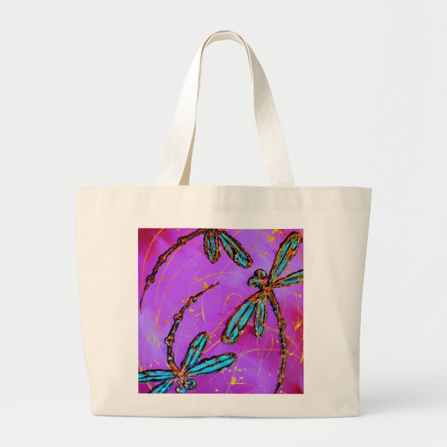 Dragonfly Flit Electric Pink Large Tote Bag (Front)