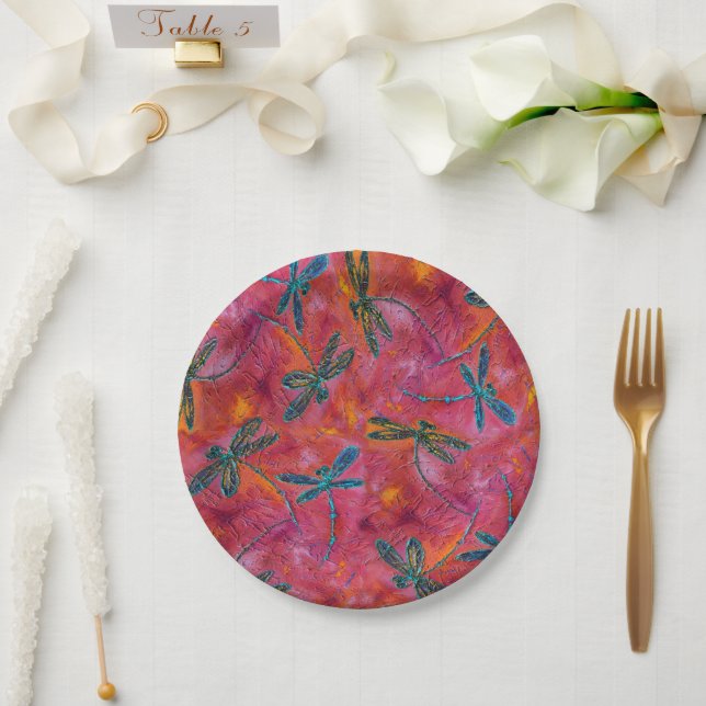 Dragonfly Flit Hot Fuchsia Pink Paper Plate (Wedding)