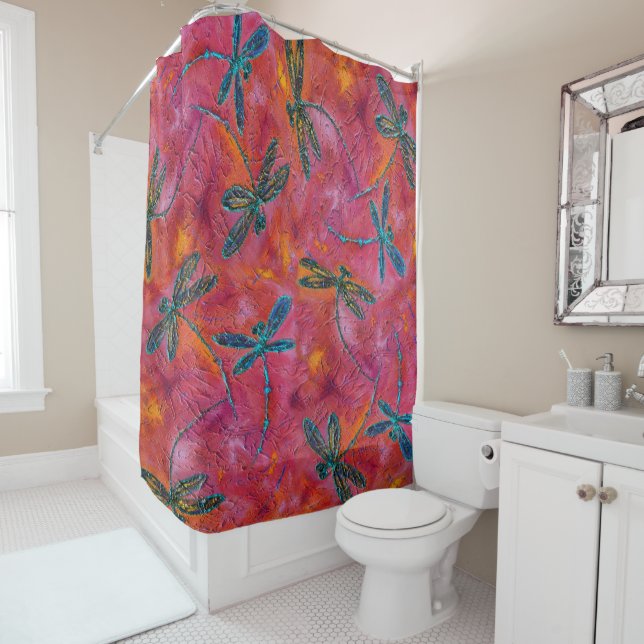 Dragonfly Flit Hot Fuchsia  Shower Curtain (In Situ)