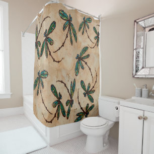 Dragonfly Flit Rustic Cream Shower Curtain