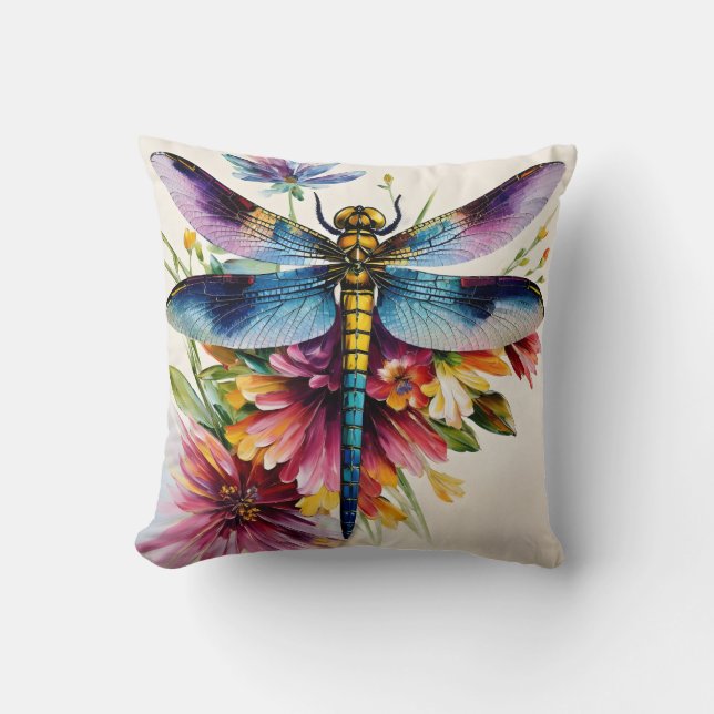 Dragonfly Floral Multicolor Art Cushion (Front)
