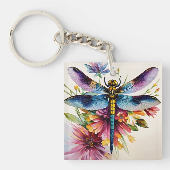Dragonfly Floral Multicolor Art Key Ring (Front)