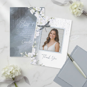 Dragonfly Floral Sweet 16 Dusty Blue V2 ID1310 Thank You Card