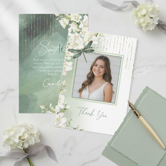 Dragonfly Floral Sweet 16 Sage Green V2 ID1310 Thank You Card