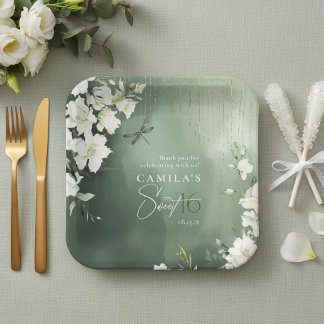 Dragonfly Floral Sweet 16 Thank You ID1310 Paper Plate