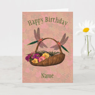 Dragonfly Flower Basket Art Personalised Birthday  Card