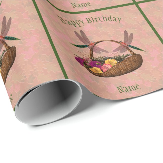Dragonfly Flower Basket Art Personalised Birthday  Wrapping Paper (Roll Corner)