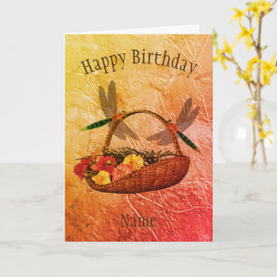 Dragonfly Flower Basket Personalised Birthday Card