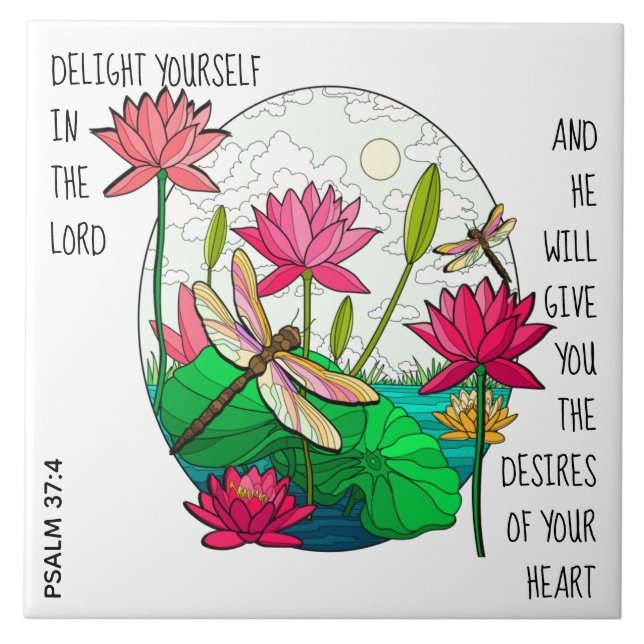 Dragonfly & Flowers, w verse from Psalm 37:4 Ceramic Tile (Front)