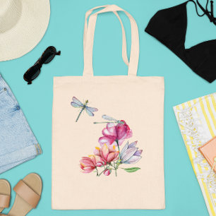 Dragonfly Flowers Watercolor Spring Summer Tote Bag