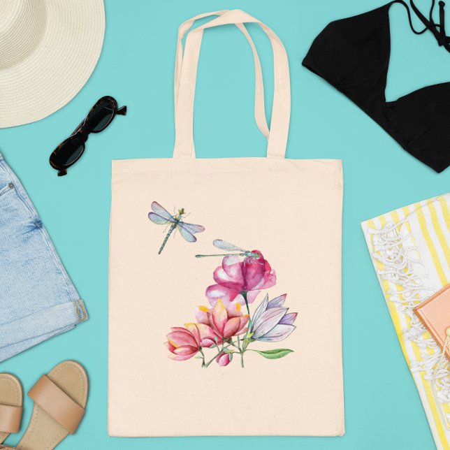 Dragonfly Flowers Watercolor Spring Summer Tote Bag (Creator Uploaded)