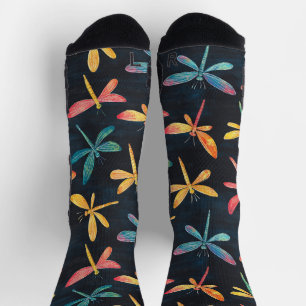 Dragonfly Flying Bug Chalk Drawing Pattern Black Socks