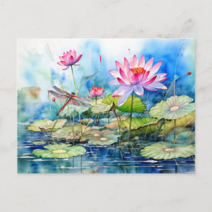 Dragonfly flying through pink water lilies holiday postcard