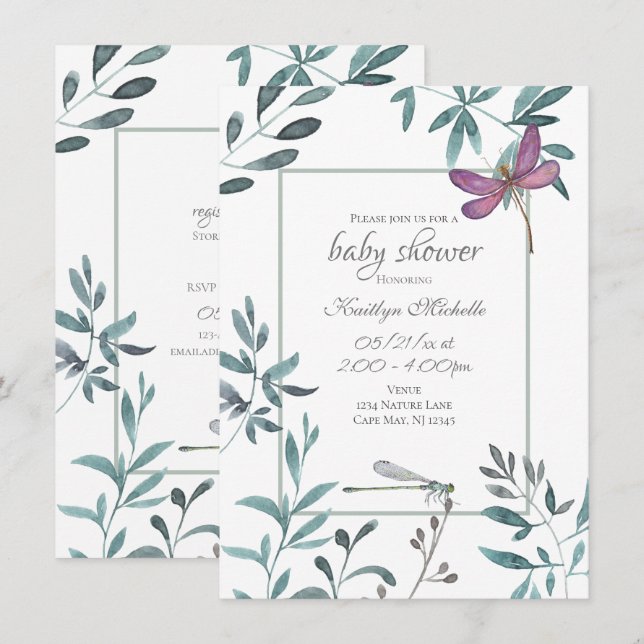 Dragonfly Garden Greenery on White Baby Shower Invitation (Front/Back)