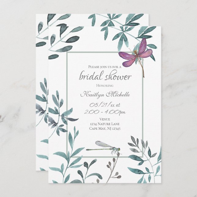 Dragonfly Garden Greenery on White Bridal Shower Invitation (Front/Back)
