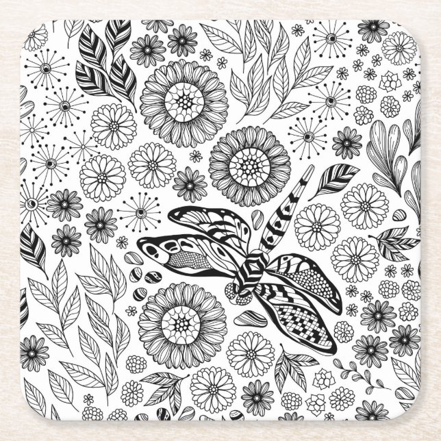 Dragonfly garden square paper coaster (Front)