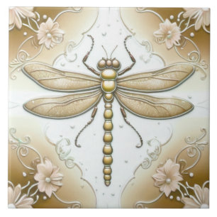 Dragonfly Gold and White Flower Art Tan Brown Ceramic Tile