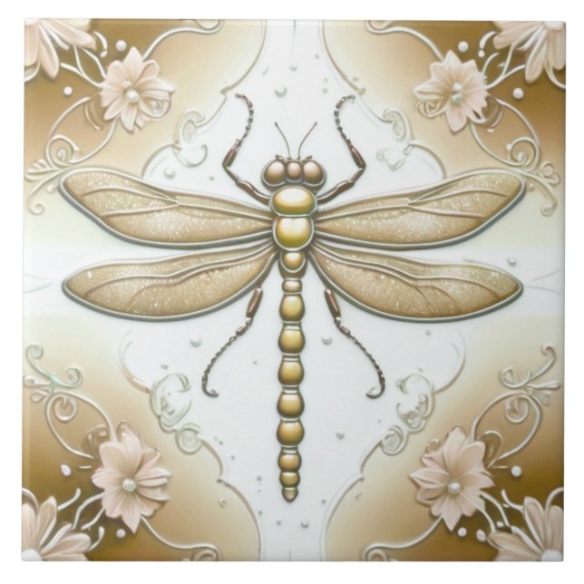 Dragonfly Gold and White Flower Art Tan Brown Ceramic Tile (Front)