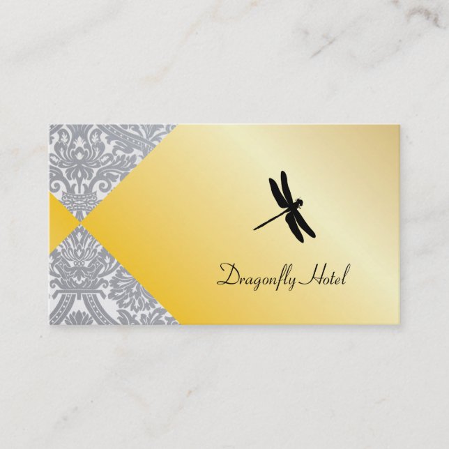 Dragonfly Gold Shimmer / Damask Pattern Business Card (Front)
